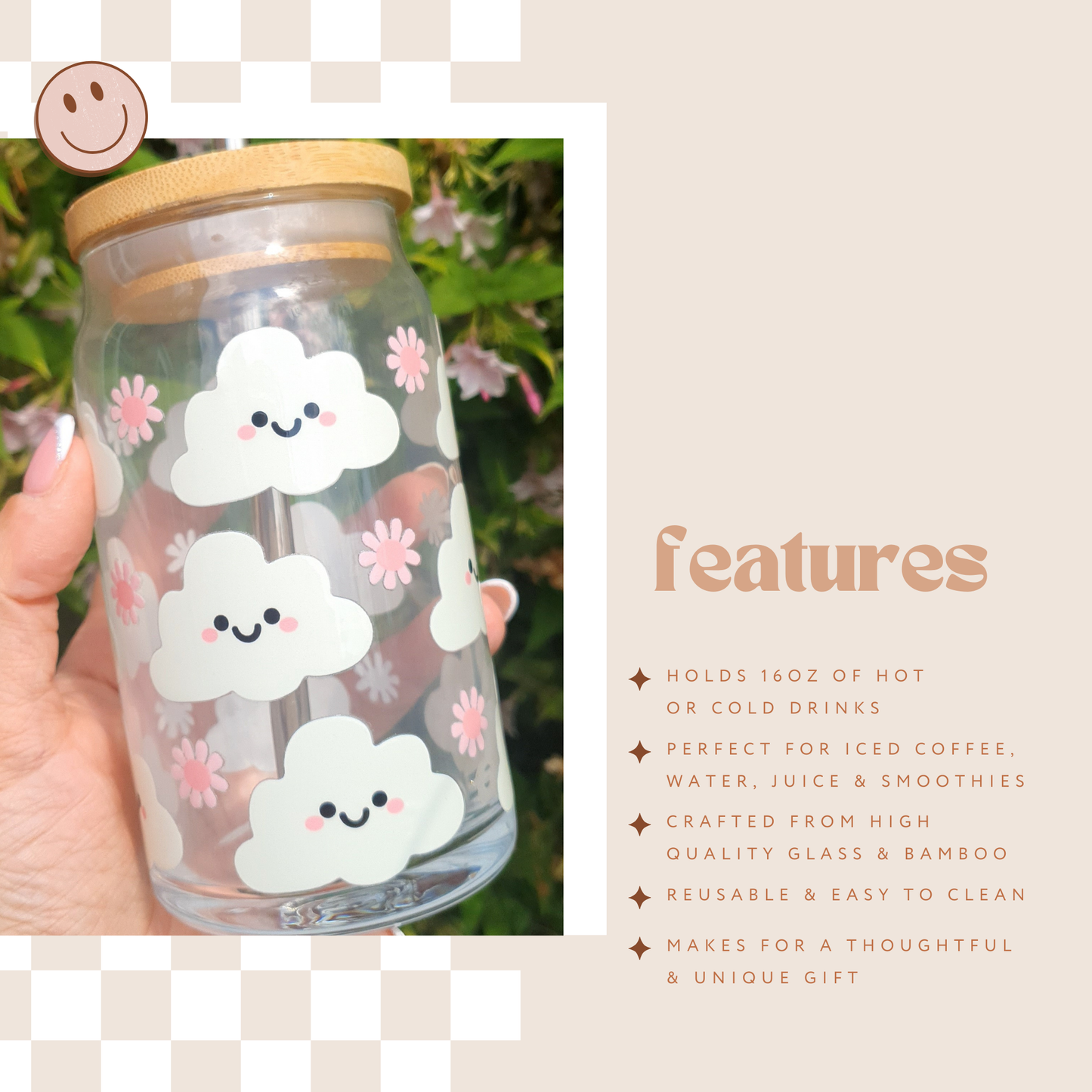πβοΈ Cute Clouds: 16oz Glass Cup