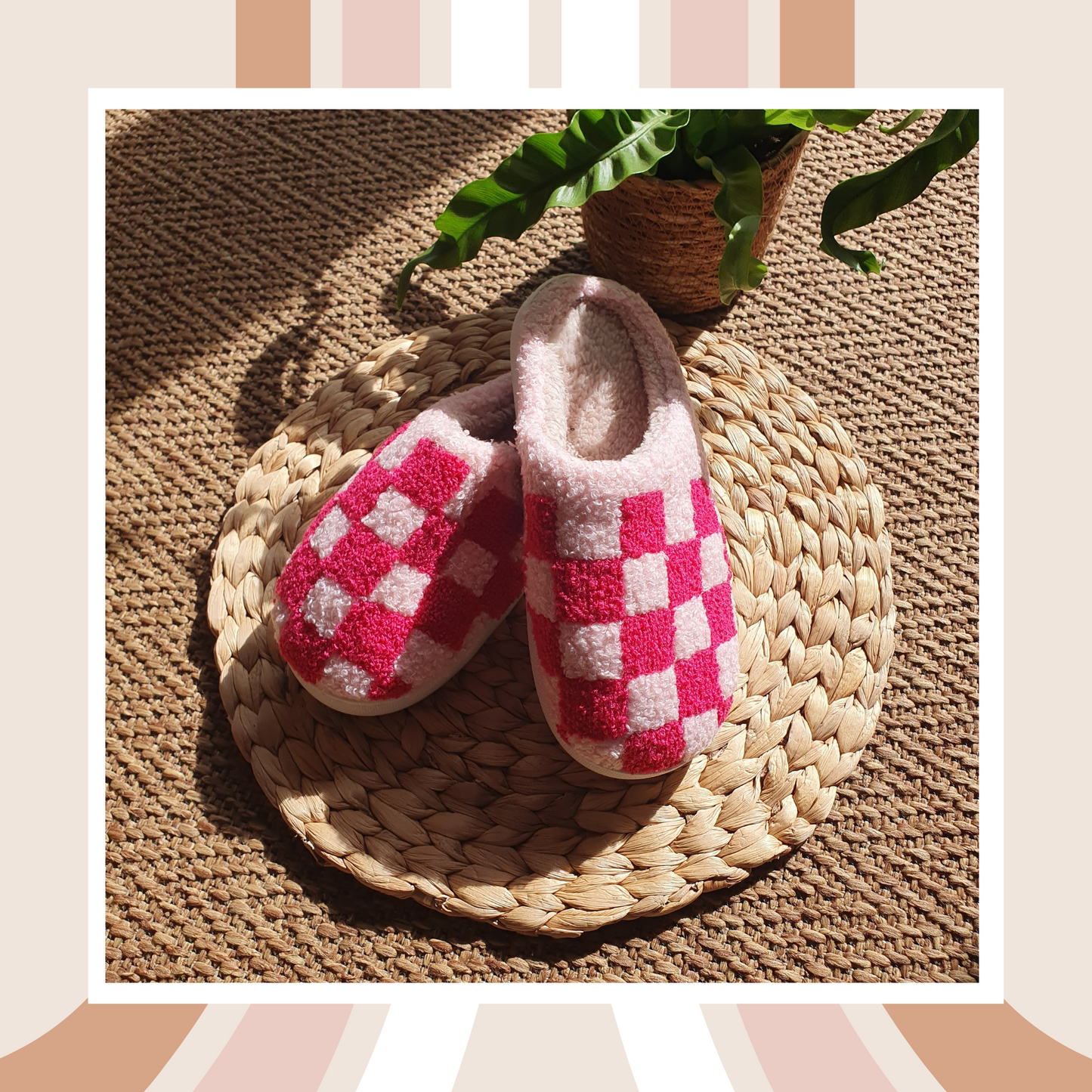 π Pink Checkerboard Cosy Slippers