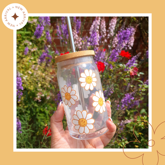 🌼😊 Smiley Daisies: 16oz Glass Cup