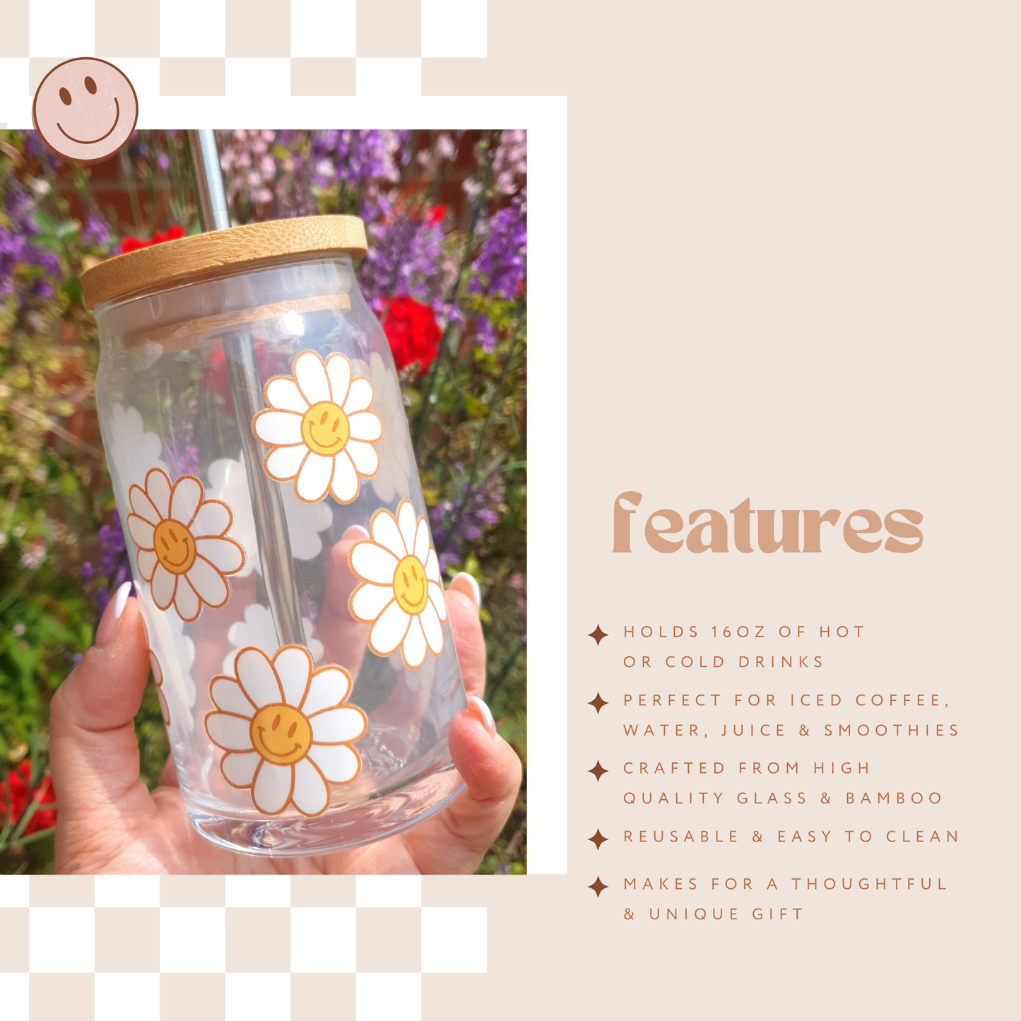 🌼😊 Happy Daisies: 16oz Glass Cup