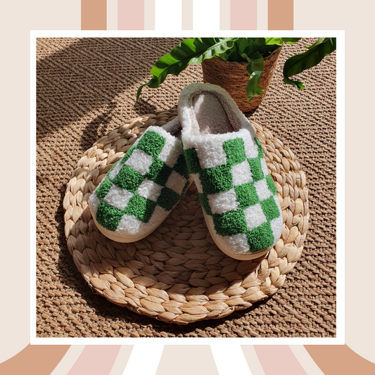🟢 Green Checkerboard Cosy Slippers